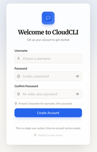 Экран первого запуска CloudCLI